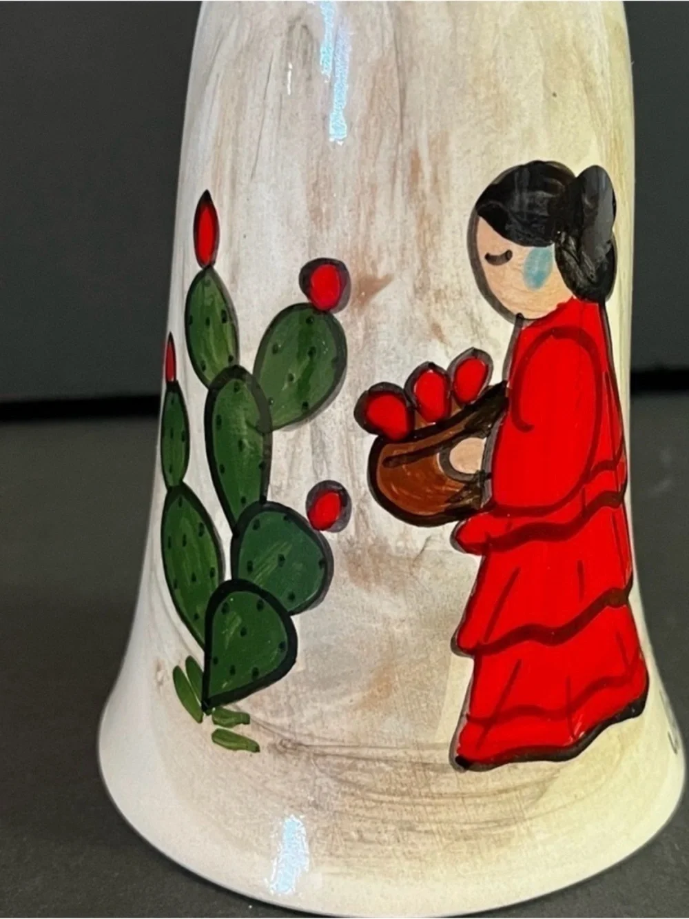 Southwest Mexican Pottery Hand Painted Wind Chime Bell Ornament Cactus Signed